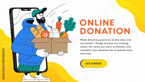 Online Grocery Donation Landing Page Template with Delivery Character Illustration.eps