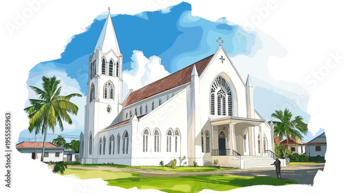 Georgetown ? St. Georges Cathedral. Georgetown ? St. Georges Cathedral hand drawn watercolor illustration