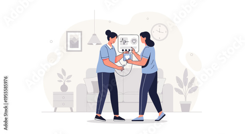 Healthcare professional assisting patient with medical device in home setting