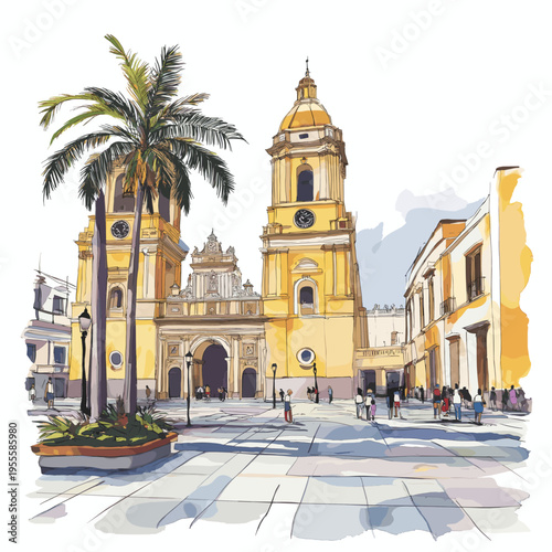 Lima - Plaza Mayor and Historic Center. Lima - Plaza Mayor and Historic Center hand drawn watercolor illustration