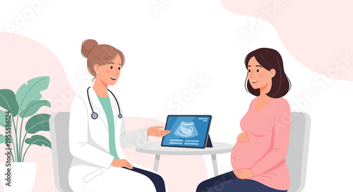 Doctor showing ultrasound scan to pregnant woman, healthcare, pregnancy, medical check-up