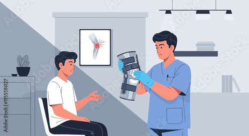 Doctor showing X-ray of knee injury to patient in clinic