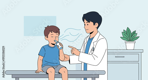 Doctor shows child how to use inhaler for asthma treatment in clinic