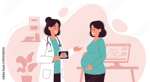 Doctor showing ultrasound to pregnant woman, healthcare, pregnancy, medical checkup