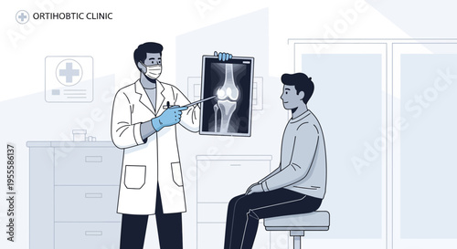 Doctor shows knee x-ray to patient in clinic, orthopedics consultation