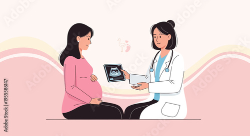 Doctor shows ultrasound scan to pregnant woman, healthcare, pregnancy, medical checkup, expecting mother