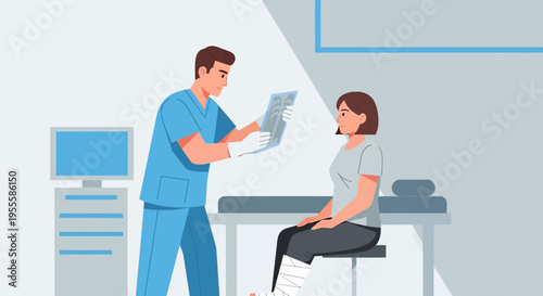 Doctor shows X-ray to patient with broken leg in clinic