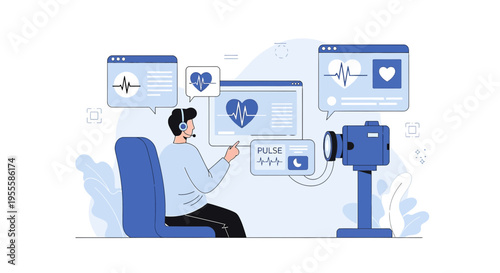 Doctor using headset and camera for telemedicine, online consultation, heart rate monitoring