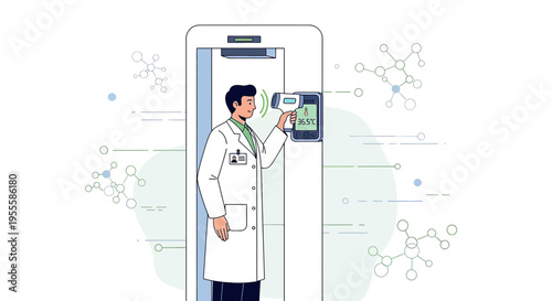 Doctor using infrared thermometer for temperature screening at a modern checkpoint