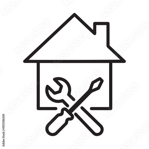 Minimalist Black and White Outline Icon Representing Home Maintenance, Professional Repair Services, House Renovation, DIY Construction, and Handyman Work Tools.