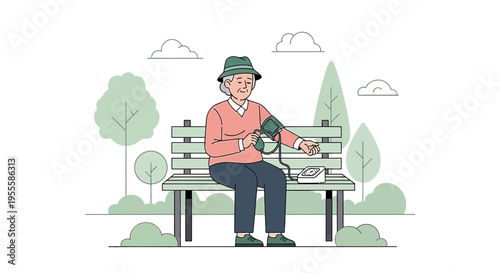 Elderly man checks blood pressure on park bench, health monitoring, senior lifestyle