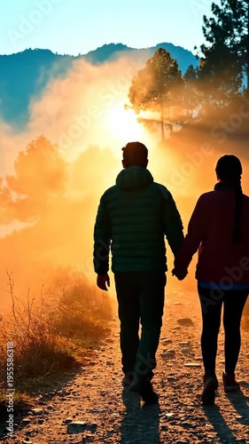 Couple holding hands walking tod a sunset