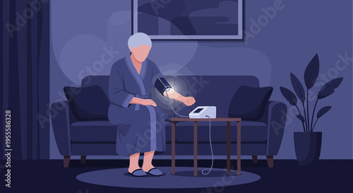 Elderly person checks blood pressure at home, health monitoring, senior care