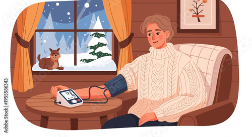 Elderly person monitoring blood pressure at home during winter, cozy cabin setting