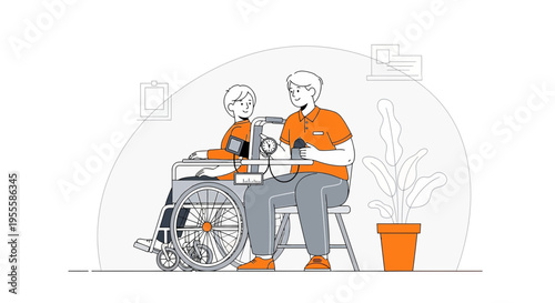 Elderly person in wheelchair receiving medical check-up from caregiver, blood pressure monitor