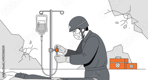 Emergency medical aid in disaster zone, medic administering IV drip to patient amidst rubble