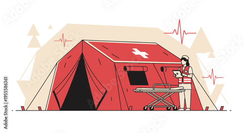 Emergency medical tent with nurse and stretcher, healthcare concept