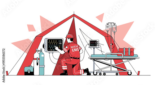 Emergency Medical Tent with Paramedic, Monitor, and IV Drip