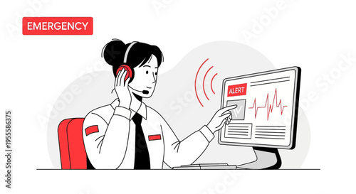 Emergency operator in headset at computer, alert on screen, call center, support, crisis