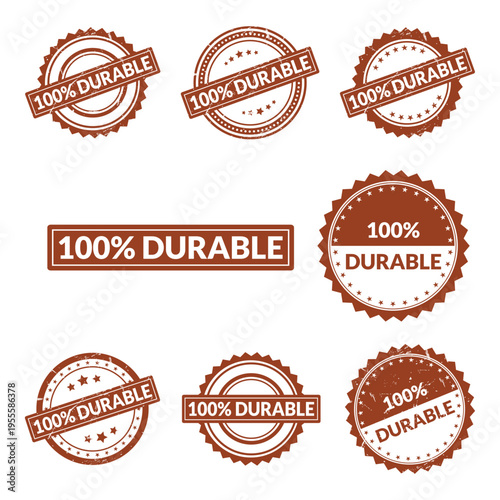 A collection of various brown vintage style rubber stamp designs featuring the text 100% durable Vector, illustration Stamp Icon.