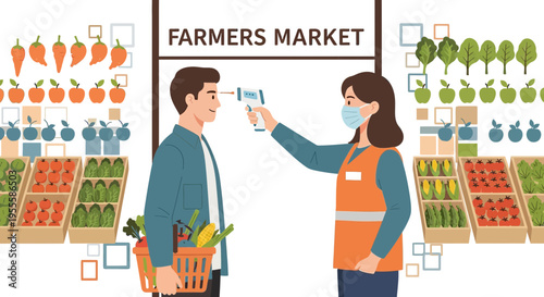 Farmer's Market worker checks customer's temperature with infrared thermometer, COVID-19 safety
