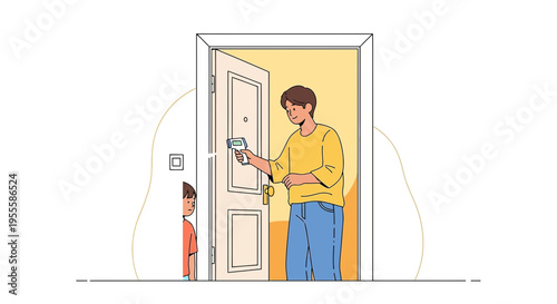 Father using thermometer on child at door, health check, home safety, pandemic prevention