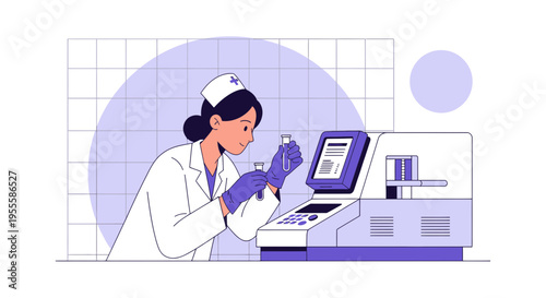 Female scientist in lab coat with medical equipment and test tubes, laboratory research