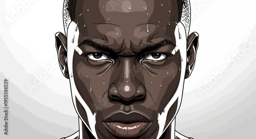 Sweaty dark-skinned man intense expression cartoon illustration