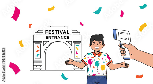Festival entrance with temperature check and confetti, safety measures for event entry