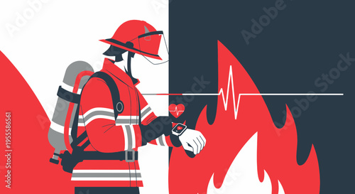 Firefighter monitoring vital signs on smartwatch during emergency response with heartbeat graph