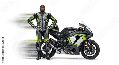 Man in racing suit standing next to motorcycle