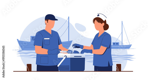 Fishermen and Nurse Preparing Seafood Catch on Boat Dock with Ships in Background