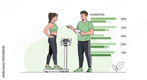Fitness Coach Consults Woman on Scale, Hydration Chart Shows Progress