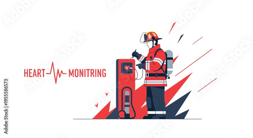 Firefighter Monitoring Heartbeat with Medical Device, Emergency Medical Services Concept