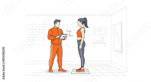 Fitness coach measures woman's height on scale in gym, health checkup concept