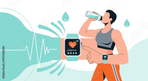 Fitness tracker smartwatch showing heart rate, person drinking water after workout