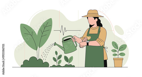 Gardener watering plants in a lush garden, healthy growth, sustainable living concept