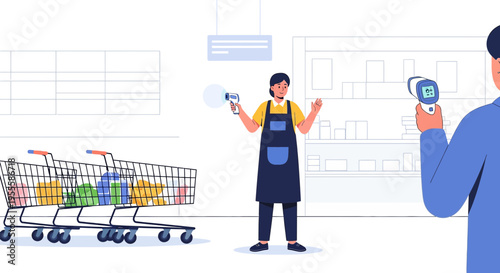 Grocery store worker checks customer temperature with infrared thermometer at entrance