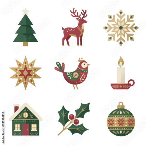 北欧風クリスマスアイコン9種セット 白背景に孤立したミニマルなベクター風イラスト 慶事用カードや洗練されたデザインに最適な季節素材