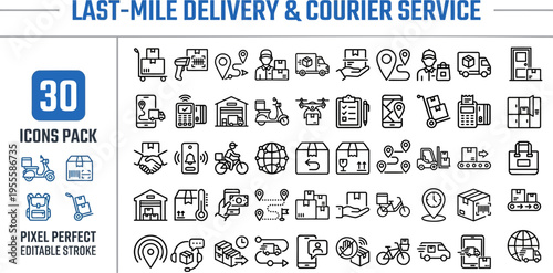 Last-Mile Delivery & Courier Service Icon Set Pack — Package, Truck, Route, Pixel Perfect Editable Vector