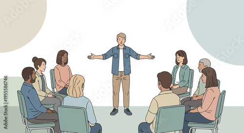 Group therapy session: Diverse people sitting in a circle, listening to a speaker.
