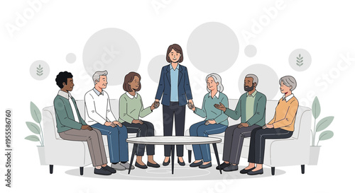 Group therapy session with diverse people sitting in a circle, led by a facilitator