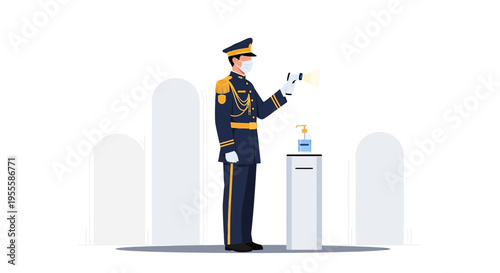 Guard in uniform wearing mask sanitizes hands with dispenser, pandemic prevention