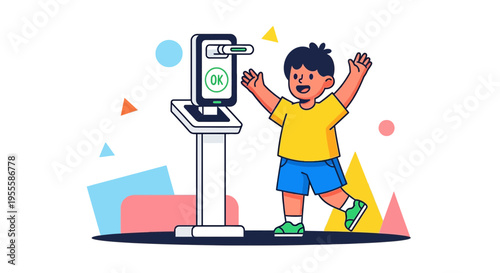Happy child with raised hands near a modern kiosk with OK sign, technology concept
