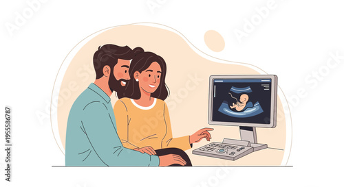Happy Couple Looking at Ultrasound Scan of Baby on Computer Screen