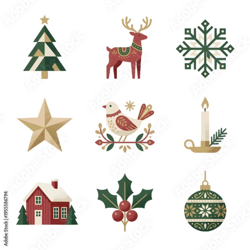 北欧風クリスマスアイコン9種セット 白背景に孤立したミニマルなベクター風イラスト 慶事用カードや洗練されたデザインに最適な季節素材