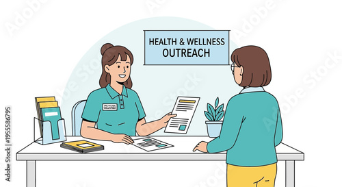 Health and Wellness Outreach: Staff member assisting a visitor at information desk