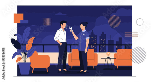 Health screening: Nurse checks man's temperature with infrared thermometer on rooftop terrace