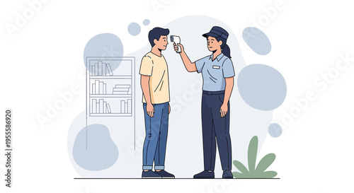 Health worker checks man's temperature with infrared thermometer, COVID-19 screening