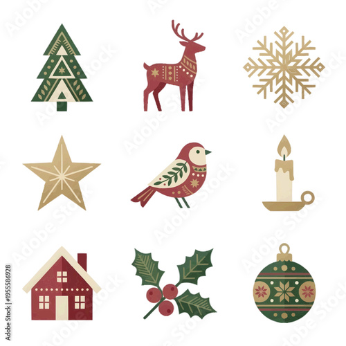 北欧風クリスマスアイコン9種セット 白背景に孤立したミニマルなベクター風イラスト 慶事用カードや洗練されたデザインに最適な季節素材